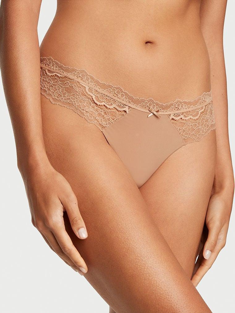 Трусики женские Victoria's Secret Satin Bow Lace кружевные стринги L Бежевый (2223005844)
