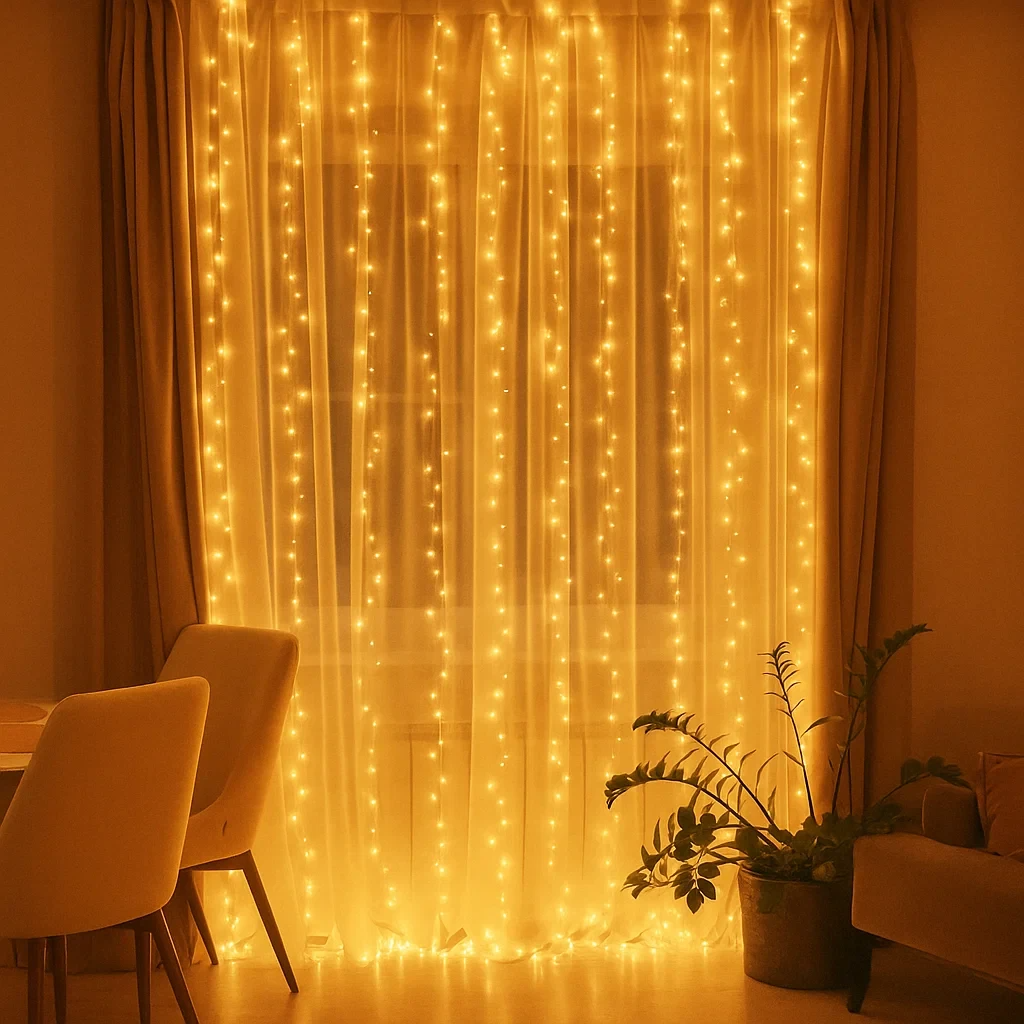 Гирлянда-штора новогодняя Роса хвойная лапа сетевая 3х3 м 600LED Желтый (D600LED3MY)