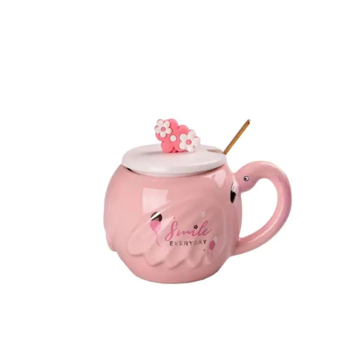 Чашка с крышкой и ложкой керамическая Lighthouse Фламинго Smile 500 мл Розовый (LG-20139)
