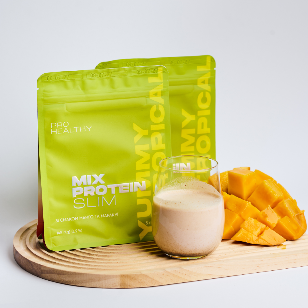 Жироспалювач низькокалорійний коктейль зі смаком манго та маракуї для зменшення ваги Mix Protein Slim Yummy Tropical PRO HEALTHY CHOICE 145 г - фото 2 Жироспалювач низькокалорійний коктейль зі смаком манго та маракуї для зменшення ваги Mix Protein Slim Yummy Tropical PRO HEALTHY CHOICE 145 г - фото 2