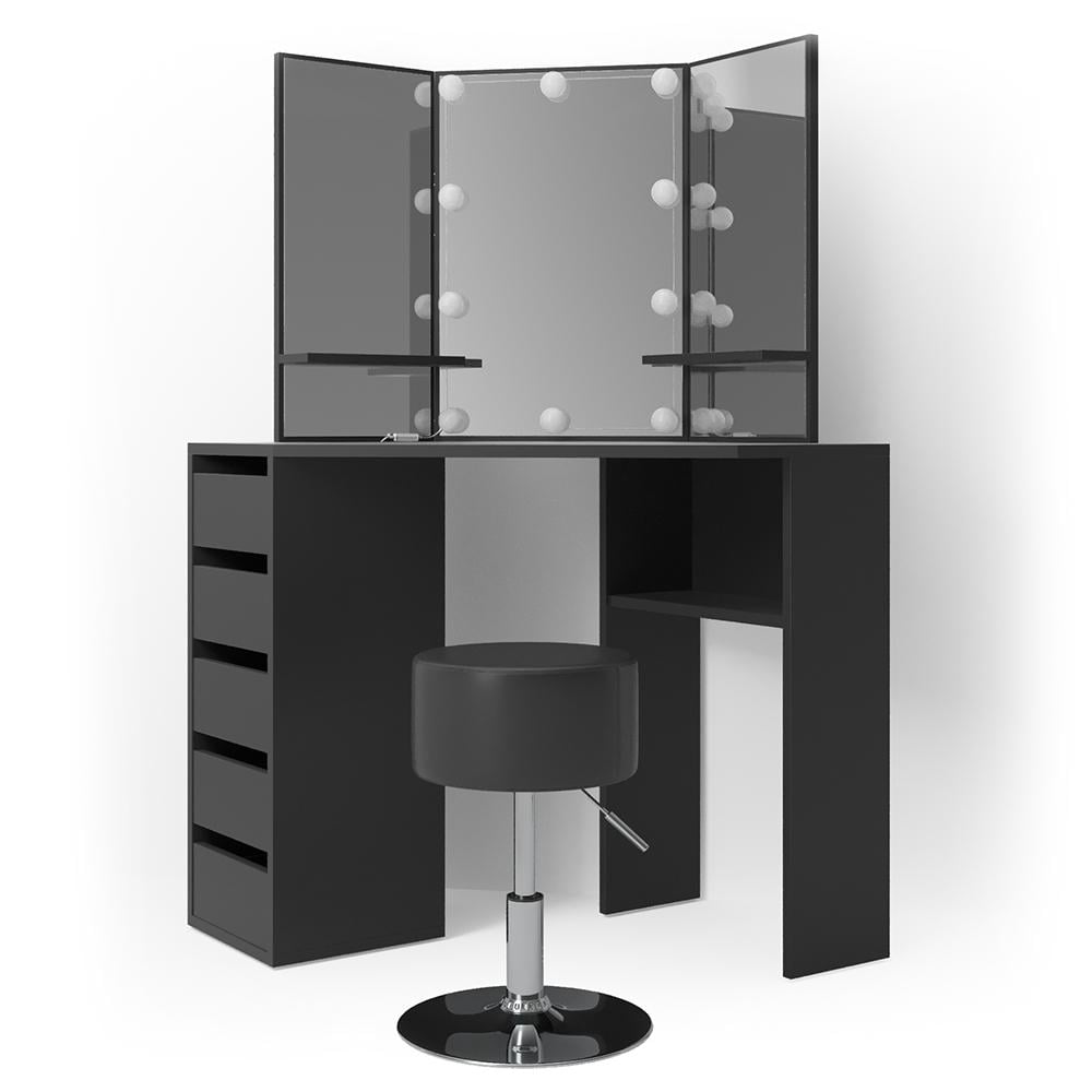 Кутовий трельяж Vicco Arielle з підсвічуванням та стільцем 110x142 Чорний Кутовий трельяж Vicco Arielle з підсвічуванням та стільцем 110x142 Чорний