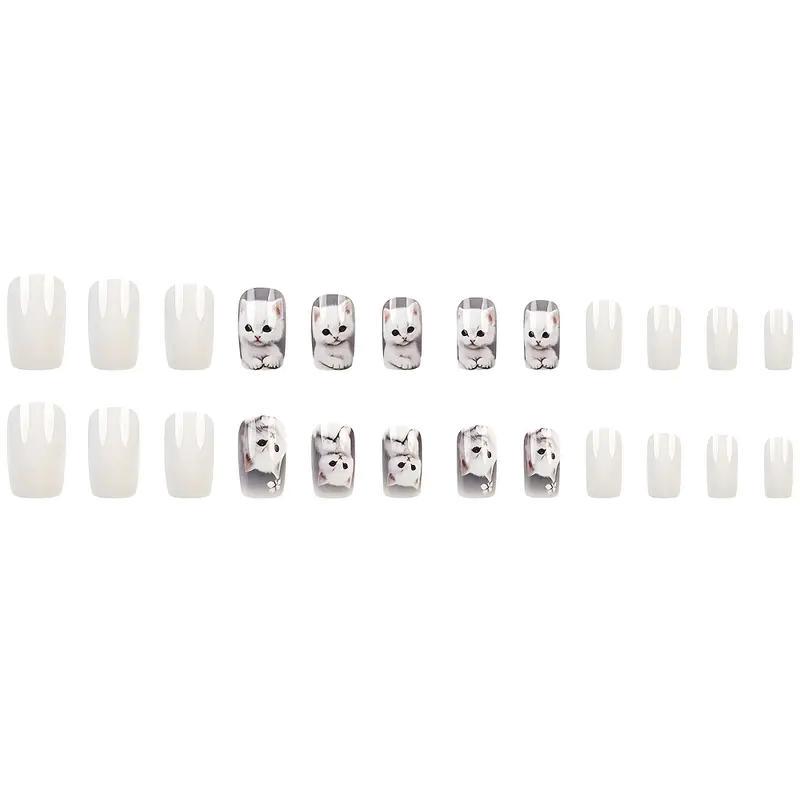 Набір накладних нігтів з дизайном Котики з клейовими пластинами 24 шт. Білий із сірим (2743174640) - фото 4