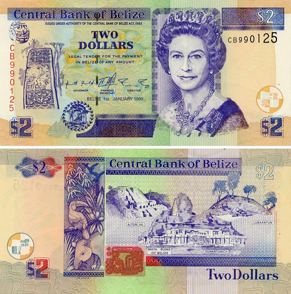 Коллекционная банкнота Белиз 2 доллара 1999 UNC (P60a)