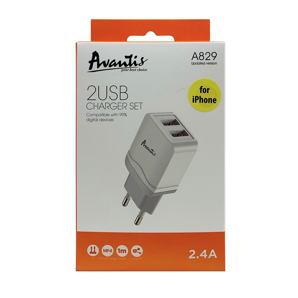 Мережевий зарядний пристрій Avantis A829 2USB/2,4A та USB кабель Lightning Білий (844675)