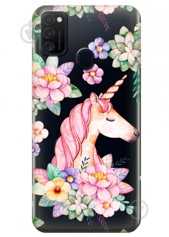 Прозрачный силиконовый чехол iSwag для Samsung Galaxy M21 с рисунком - Единорог в цветах (M1742)