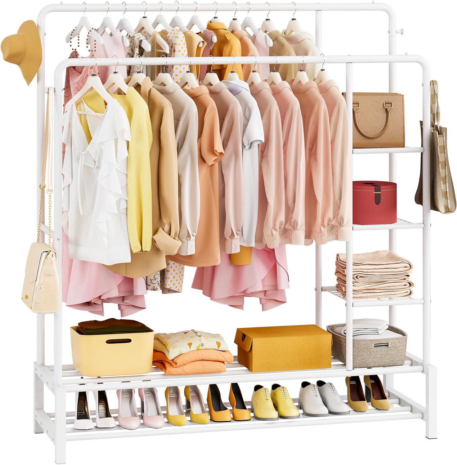 Стійка вішалка для одягу та взуття подвійна DOAKT сталева підлогова з гачками і колеса XXL+ White (DSV-500WH)