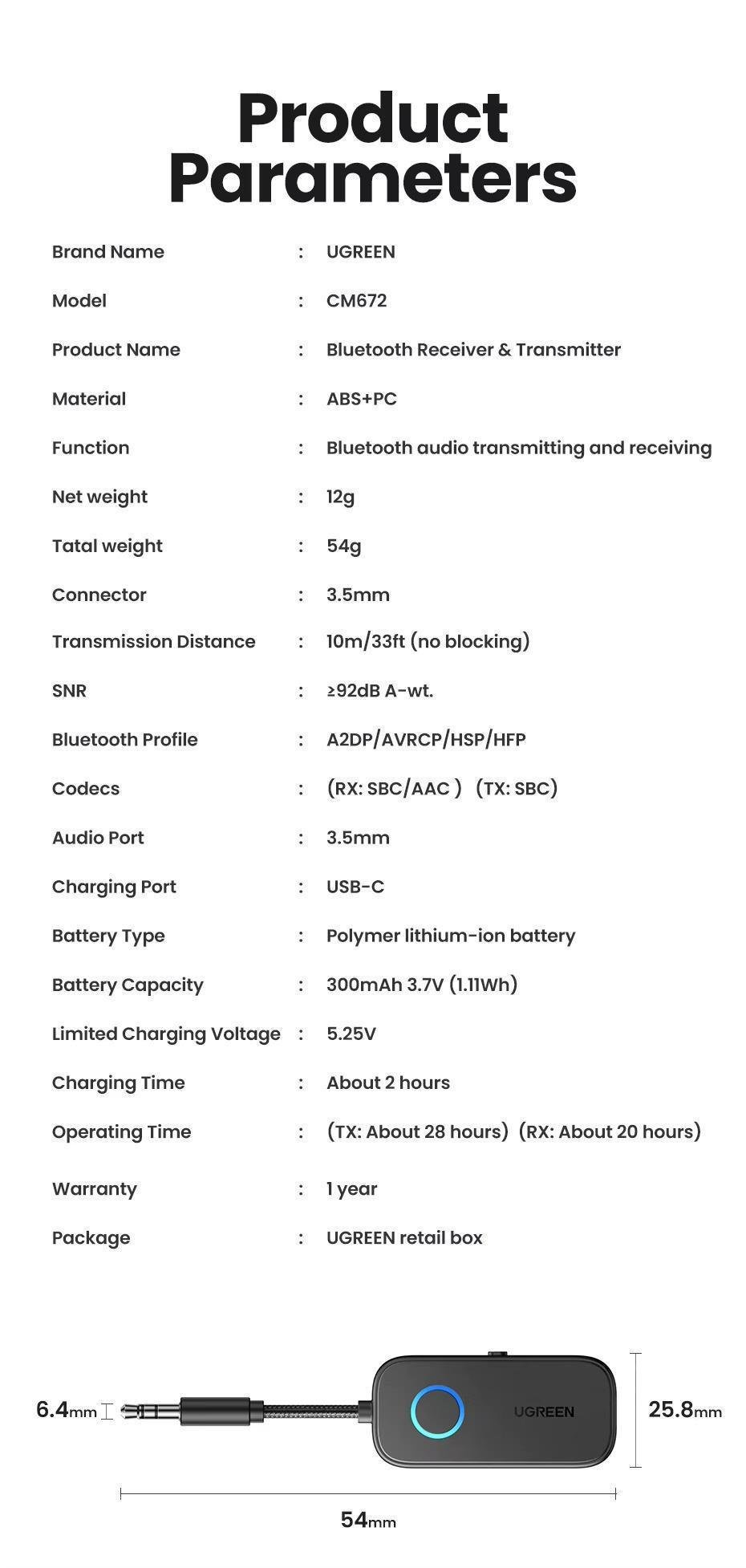 Адаптер UGREEN Bluetooth 5.2 3,5 мм AUX 28 годин роботи Чорний (35222) - фото 9 Адаптер UGREEN Bluetooth 5.2 3,5 мм AUX 28 годин роботи Чорний (35222) - фото 9