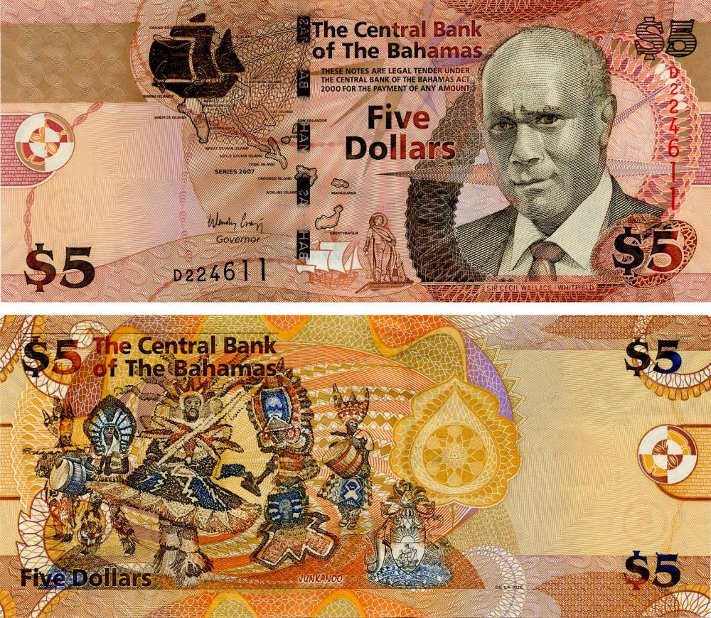 Коллекционная банкнота Багамы 5 долларов 2007 UNC P72a (Б03396)