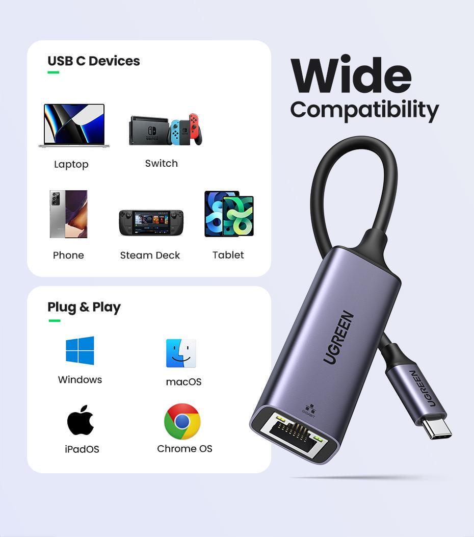 Мережева карта UGREEN Type-C-Ethernet 1 Гбіт/с LAN USB 3.1 Gen 1-C-RJ45 1000 Мбіт/с металевий Сірий (50737) - фото 8