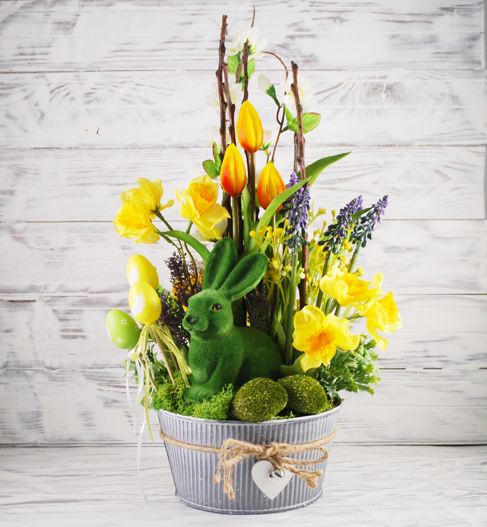 Весняна Великодня композиція в металевому кашпо 46 см Жовтий/Зелений/Білий (6550761) - фото 2