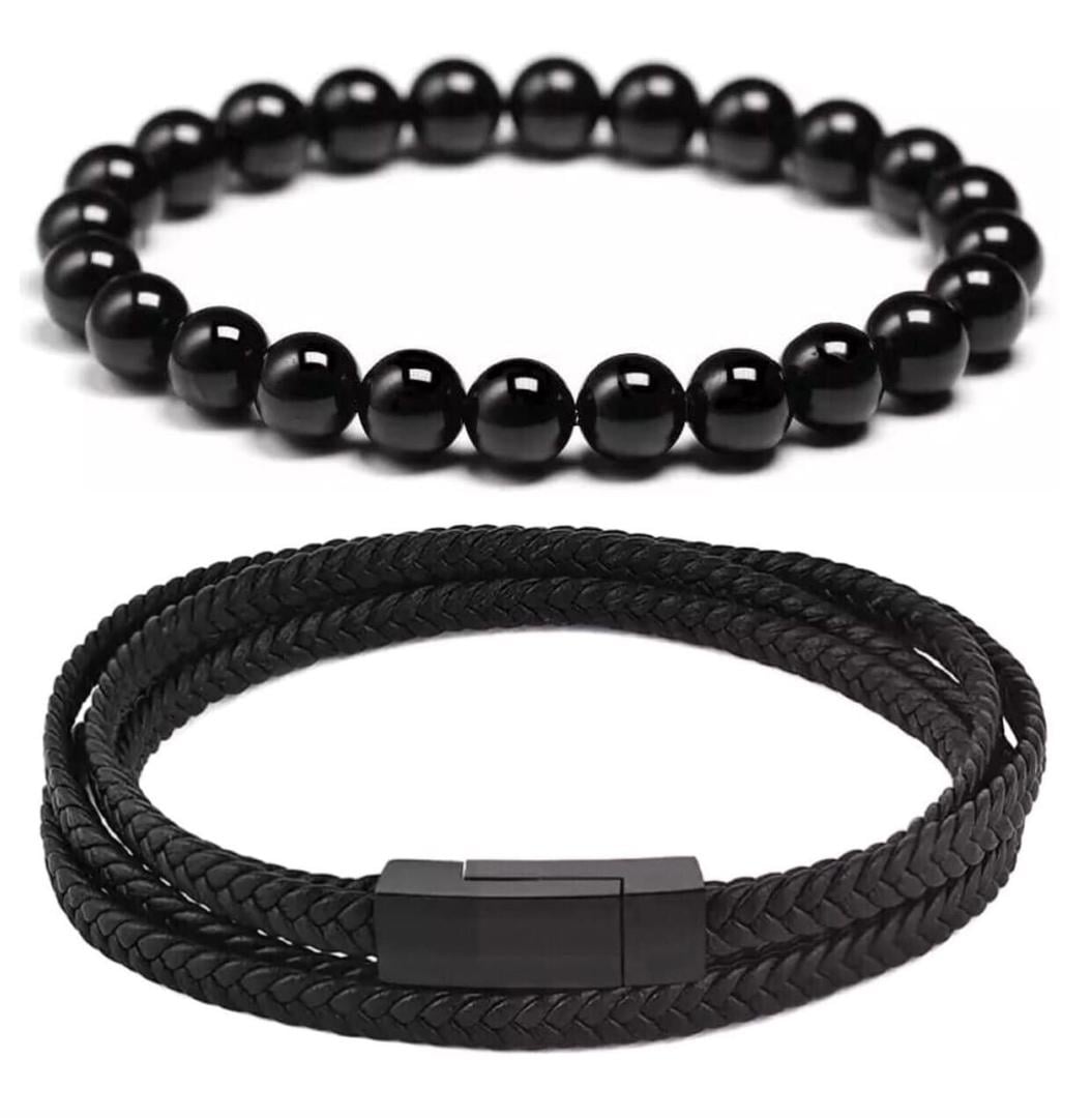 Комплект браслетів зі шкіри та агату у вигляді намотки р. 16,5 (12075)