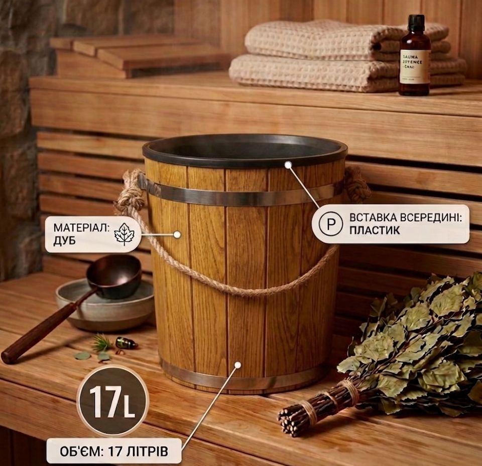 Ведро для бани дубовое с пластиковой вставкой 17 л
