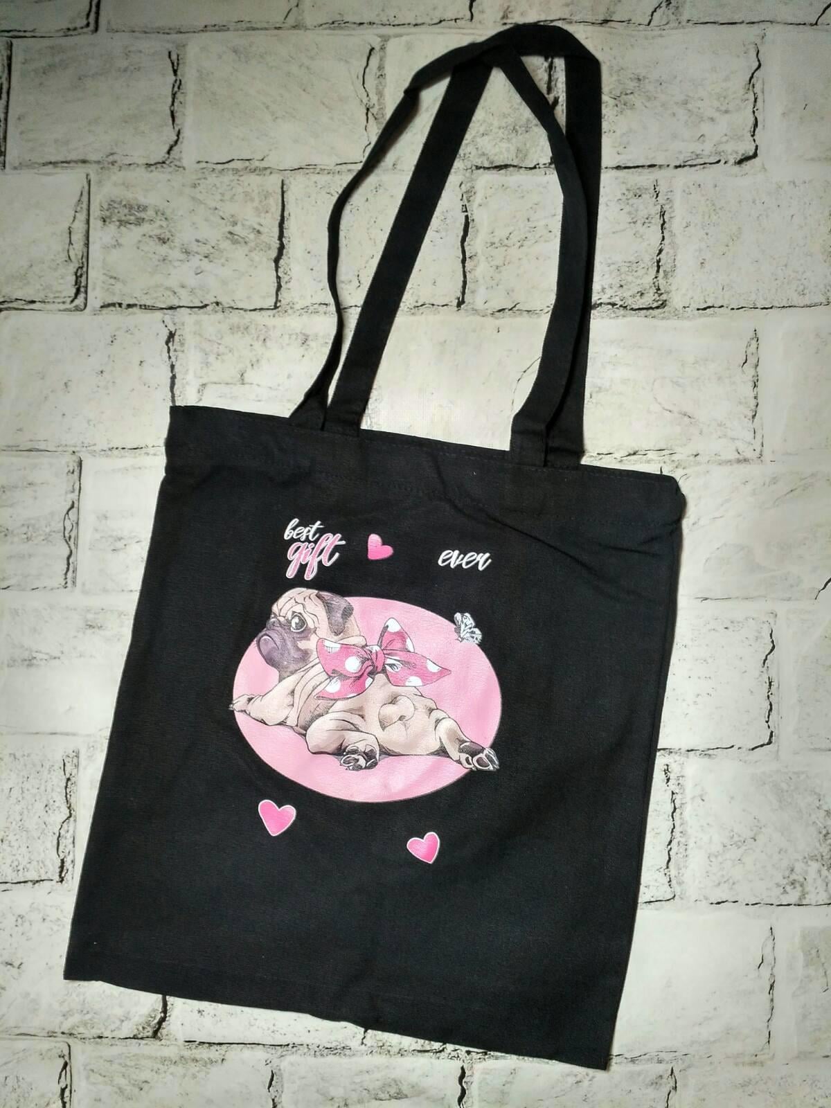 Эко-сумка шоппер на молнии Мопс 35х38 см Черный (25-139) Эко-сумка шоппер на молнии Мопс 35х38 см Черный (25-139)