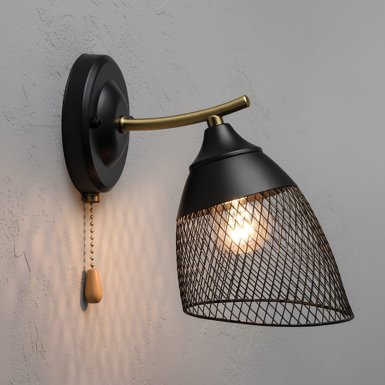 Бра Valeso с веревочным выключателем на корпусе под лампу Е27 Черный/Медный (B K2264/1W BK+COP)