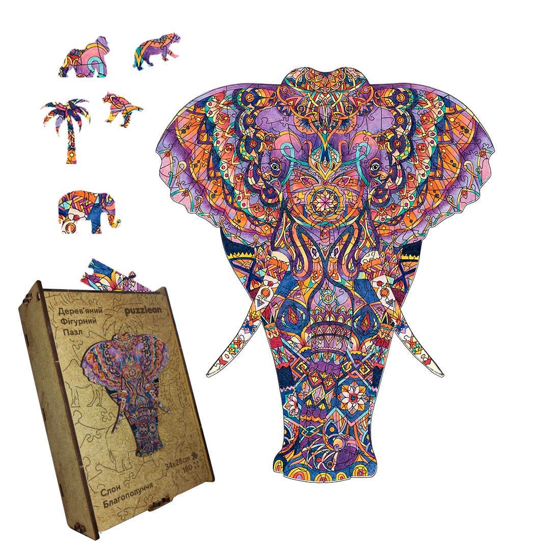 Пазл дерев'яний Слон Благополуччя картонна коробка А4 100 елементів Пазл дерев'яний Слон Благополуччя картонна коробка А4 100 елементів