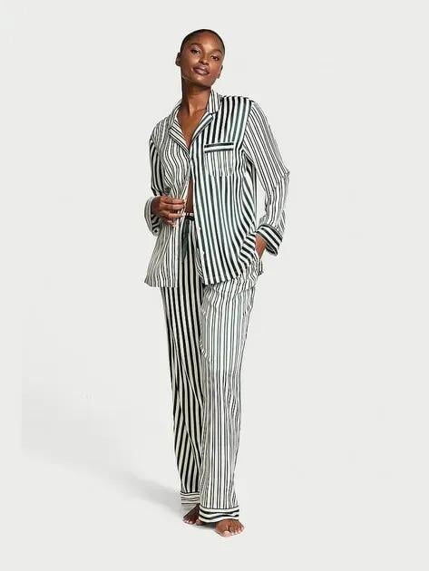 Піжама сатинова сорочка/штани Victoria's Secret Glazed Satin Long Pajama Set смужка Regular S Зелений (26811444D)