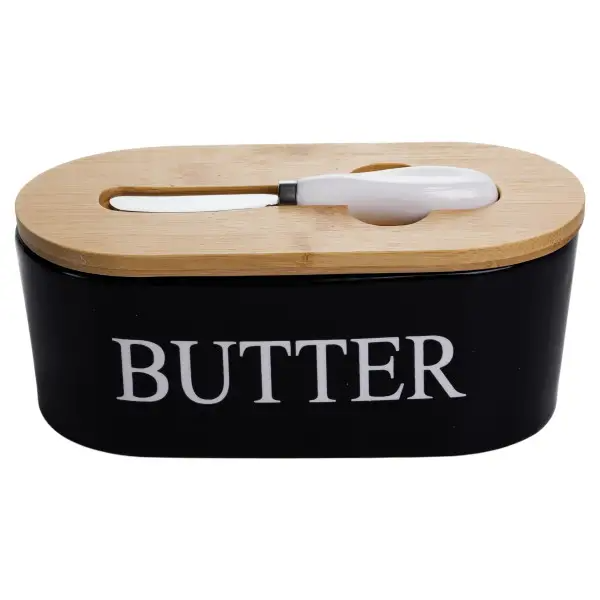 Масленка фарфоровая с бамбуковой крышкой и ножом шпателем для масла Butter 19х10х8 см Черный (CYT-B)