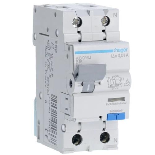 Выключатель дифференциальный автоматический Hager ADA916D 1P+N 6kA B-16A 30mA тип A (00000020432)