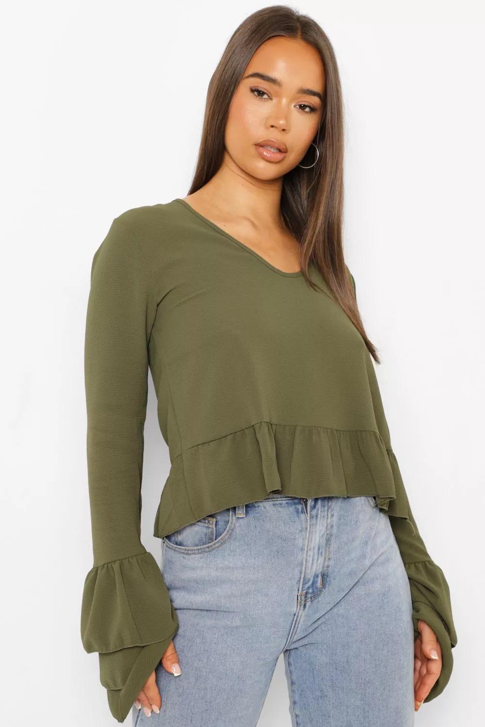 Блуза Boohoo с воланами на рукавах M Хаки - фото 2