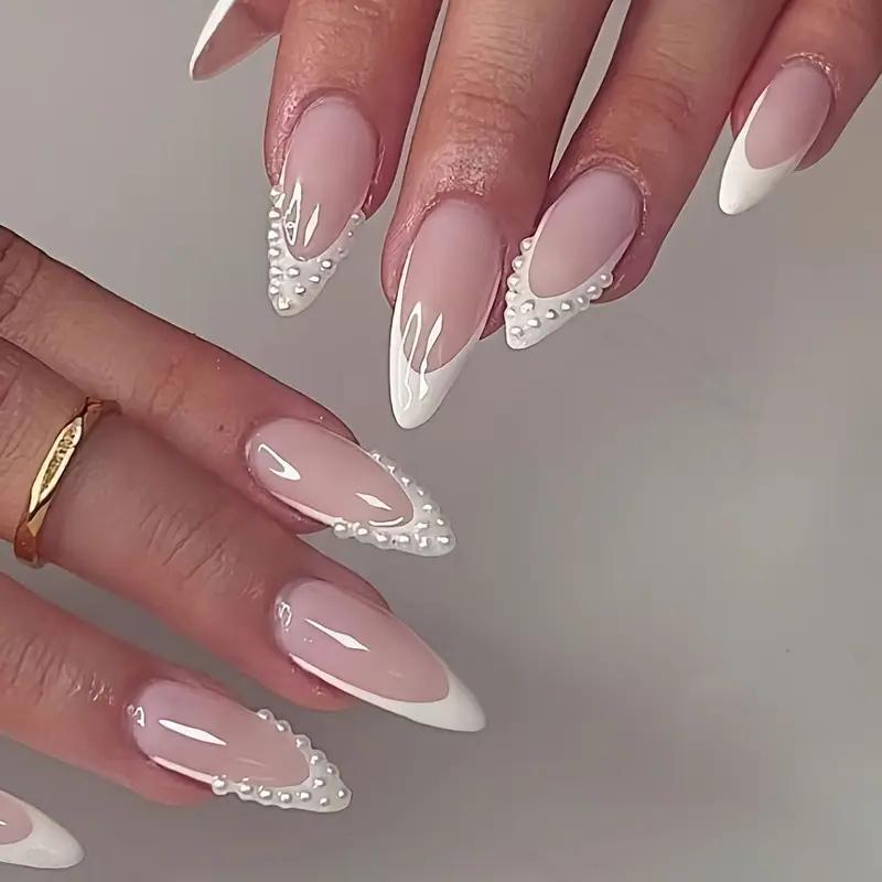 Накладные ногти френч с объемным жемчугом миндаль средней длины с клеевыми пластинами 24 шт. Белый (2789190705) - фото 3 Накладные ногти френч с объемным жемчугом миндаль средней длины с клеевыми пластинами 24 шт. Белый (2789190705) - фото 3