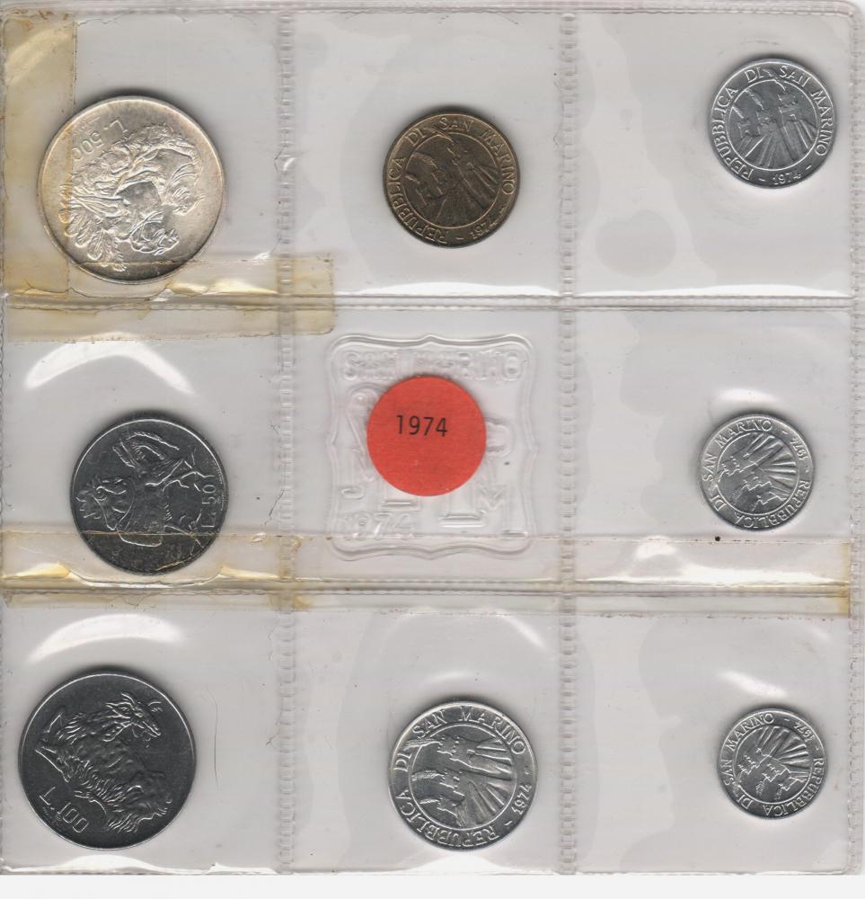Коллекционные монеты Сан-Марино 8 шт. 1974 UNC 1/2/5/10/20/50/100/500 лир серебро (М04377)