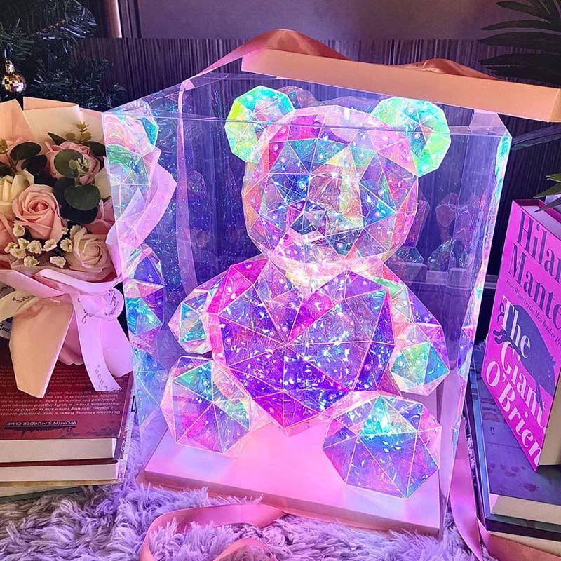 Мишка Love Bear голографический 3D с LED подсветкой с розовым сердцем 32 см - фото 1