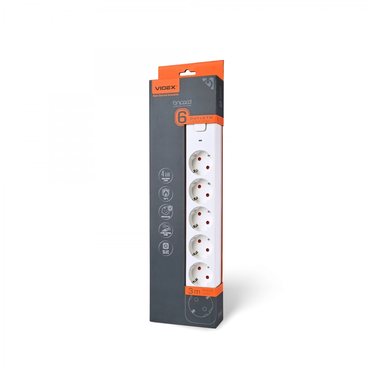 Подовжувач мережевий VIDEX ONCORD з/з 6п з кнопкою 3 м 3x1,5 мм White (VF-PD63G-W)