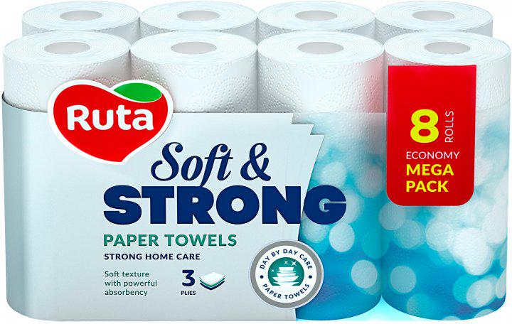 ᐉ Полотенца бумажные целлюлозные Рута Soft Strong 3-слойные 8 рулонов Белый