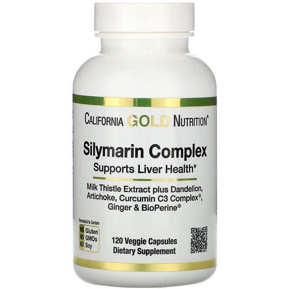 Суміш екстрактів California Gold Nutrition Silymarin Complex Liver Health Milk Thistle, Curcumin, Artichoke, Dandelion, Ginger, Black Pepper 300 мг 120 Veg Caps (CGN0)