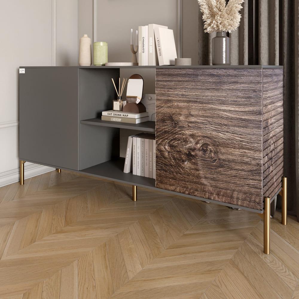 Комод открытый на золотых металлических ножках Lion Грей Антрацит/Дерево (Lion-042757)