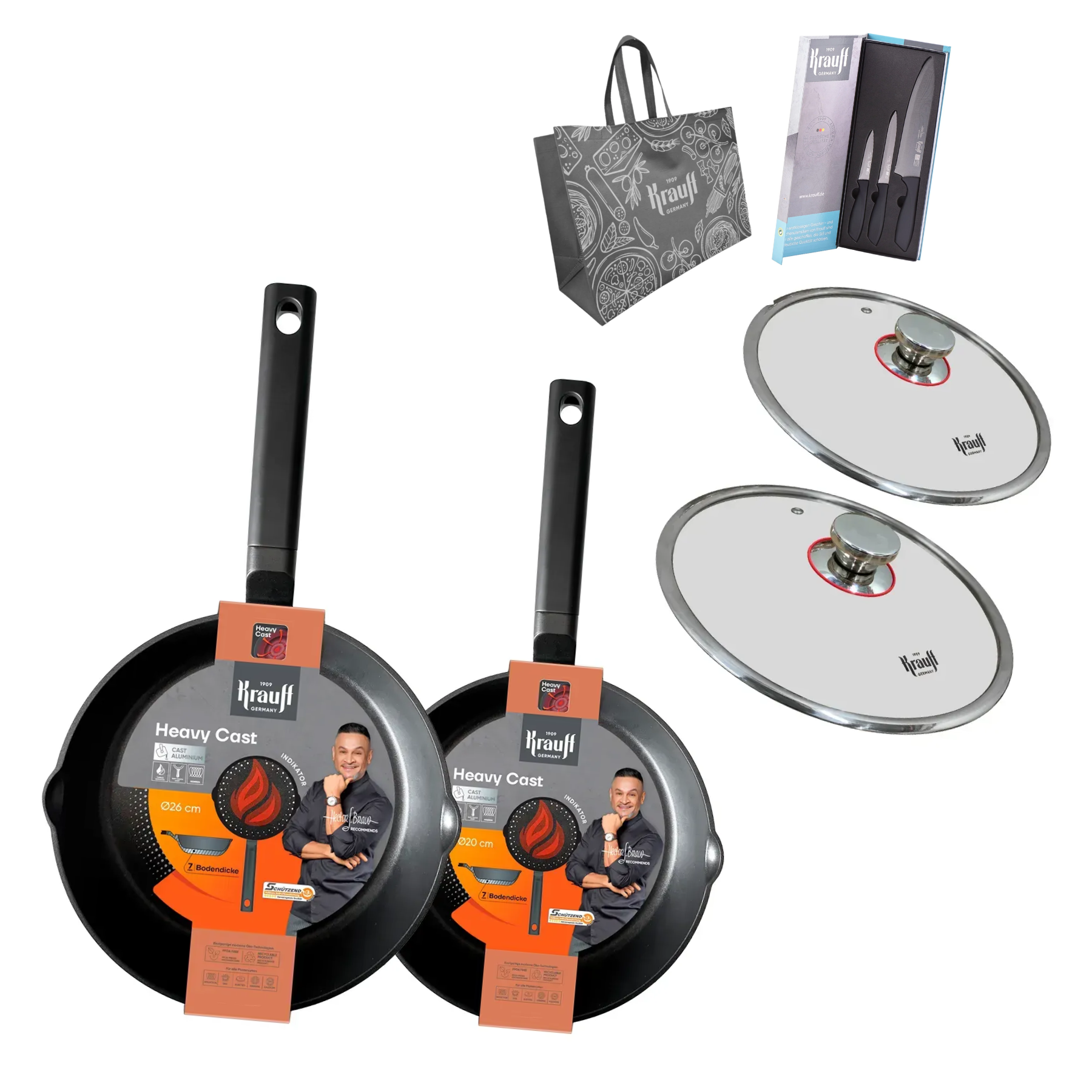 Набір сковорідок Krauff Heavy Cast 26/20 см з кришками та кухонним приладдям (55-333-652)