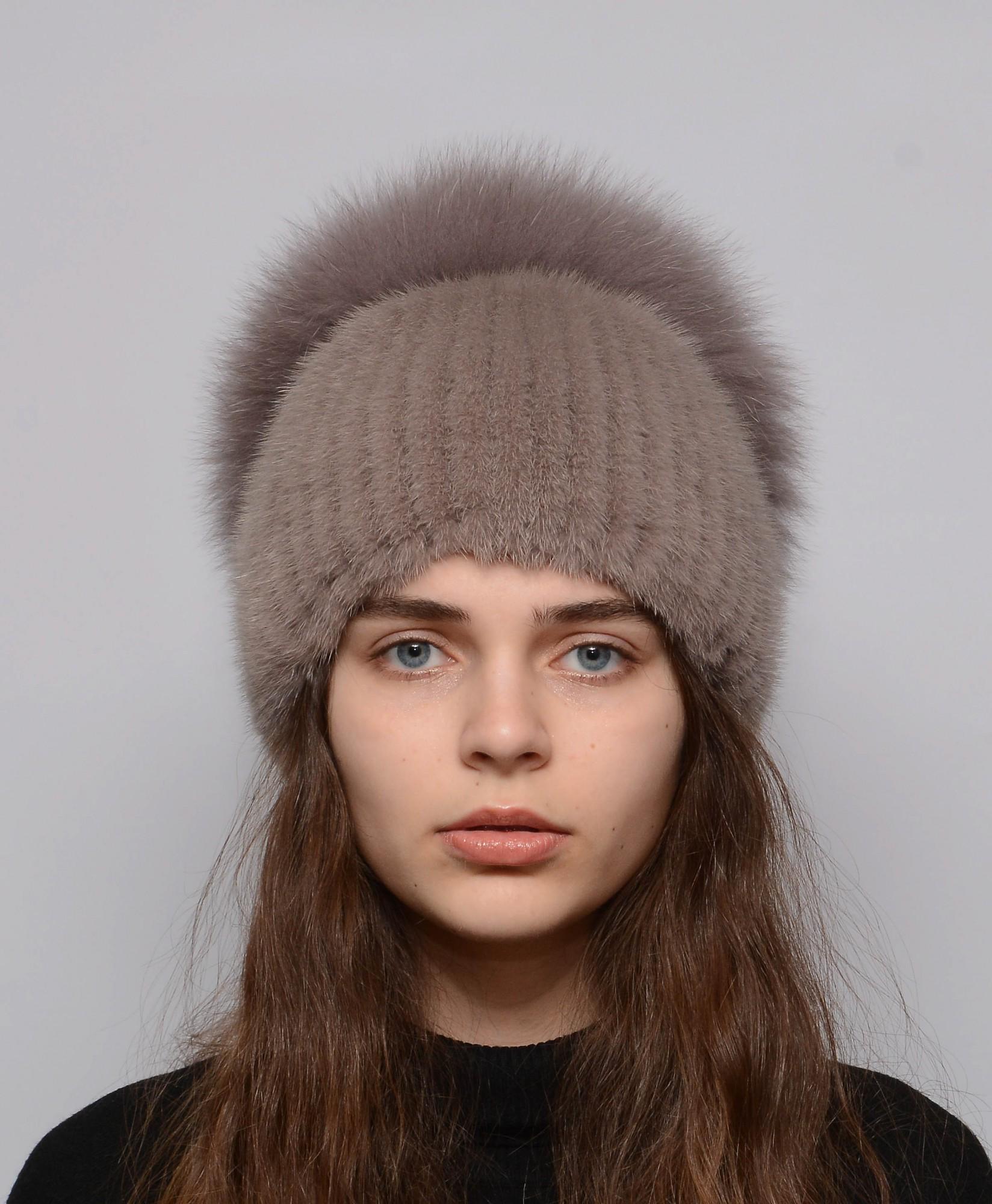 Женская вязаная норковая шапка Меховой стиль Калач натуральный мех XL-XXL Капучино (122/D)