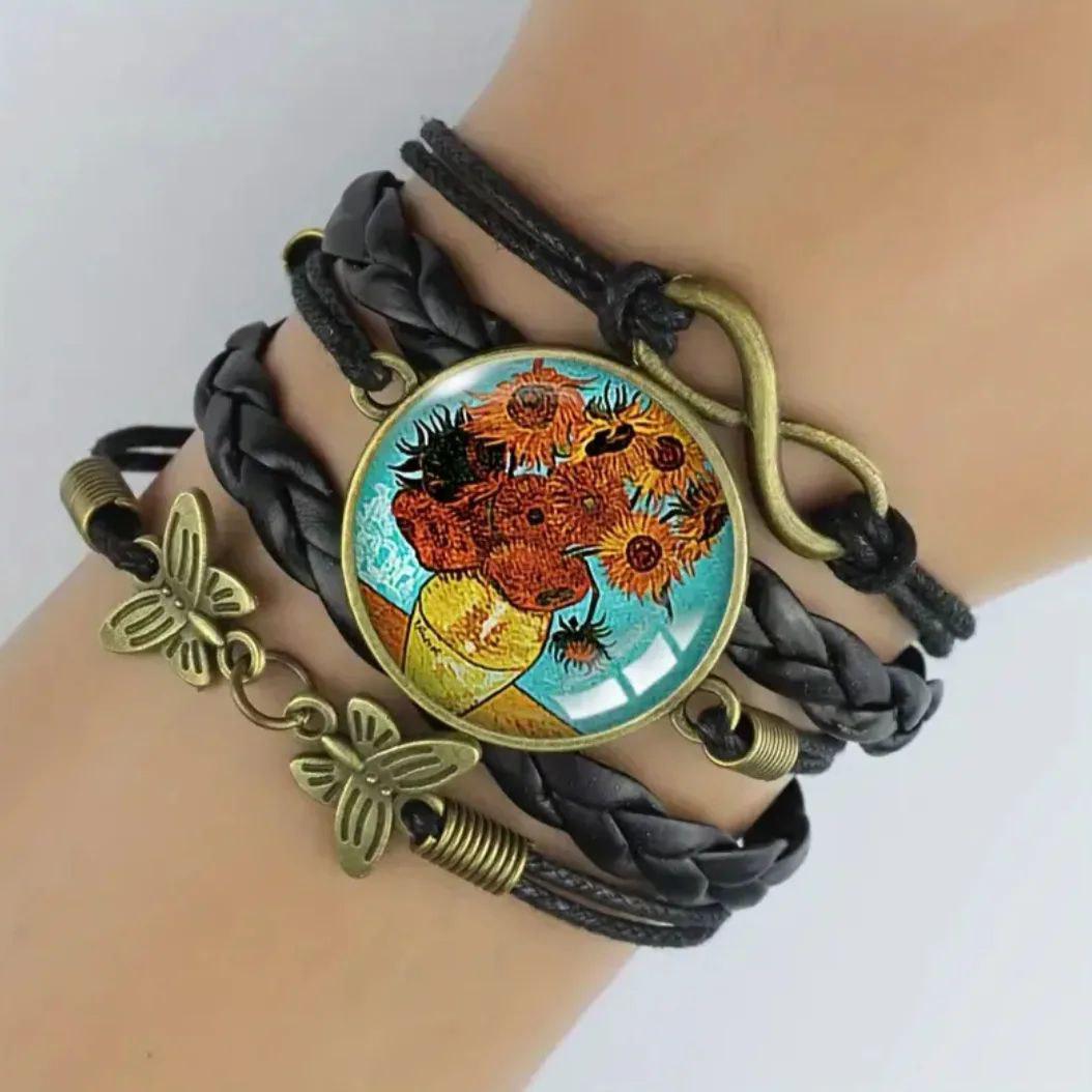 Браслет з екошкіри на металевій застібці Соняхи Чорний (00090)