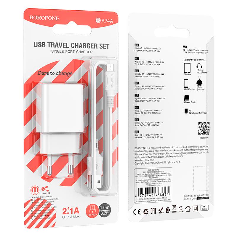 Зарядний пристрій Borofone Micro USB Cable Aspirer 1 USB 2,1 A White (562197) - фото 7