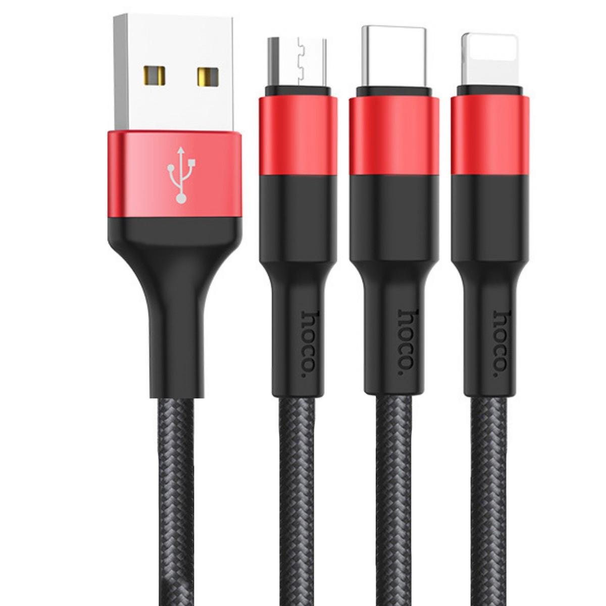 Кабель Hoco X26 Xpress one pull three charging cable lightning+Micro+Type-c Black/Red