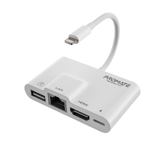 Адаптер Promate MediaSync-LT Lightning to USB 3.0 OTG/RJ45/HDMI/10Вт Lightning-in White