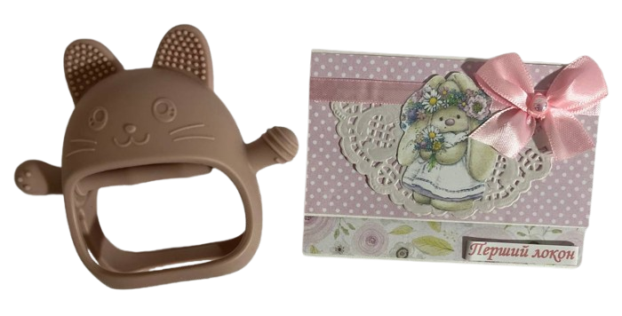 Набір листівка з відділенням Перший локон і гризунок для зубів на руку рукавичка Рожевий (1222)