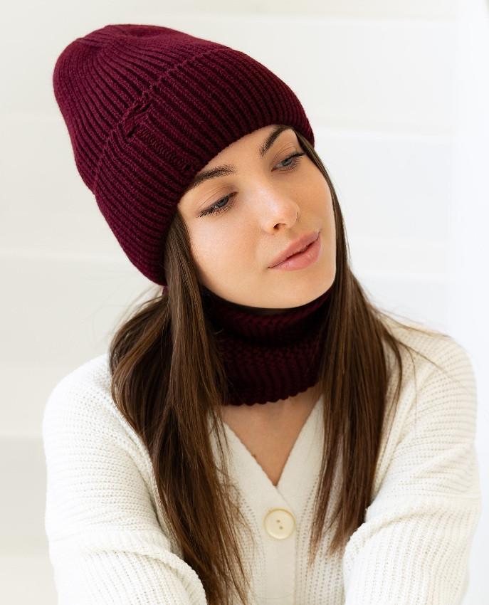 Шапка и хомут женские вязаные 1 из шерсти с отворотом Бордовый (2759367110)