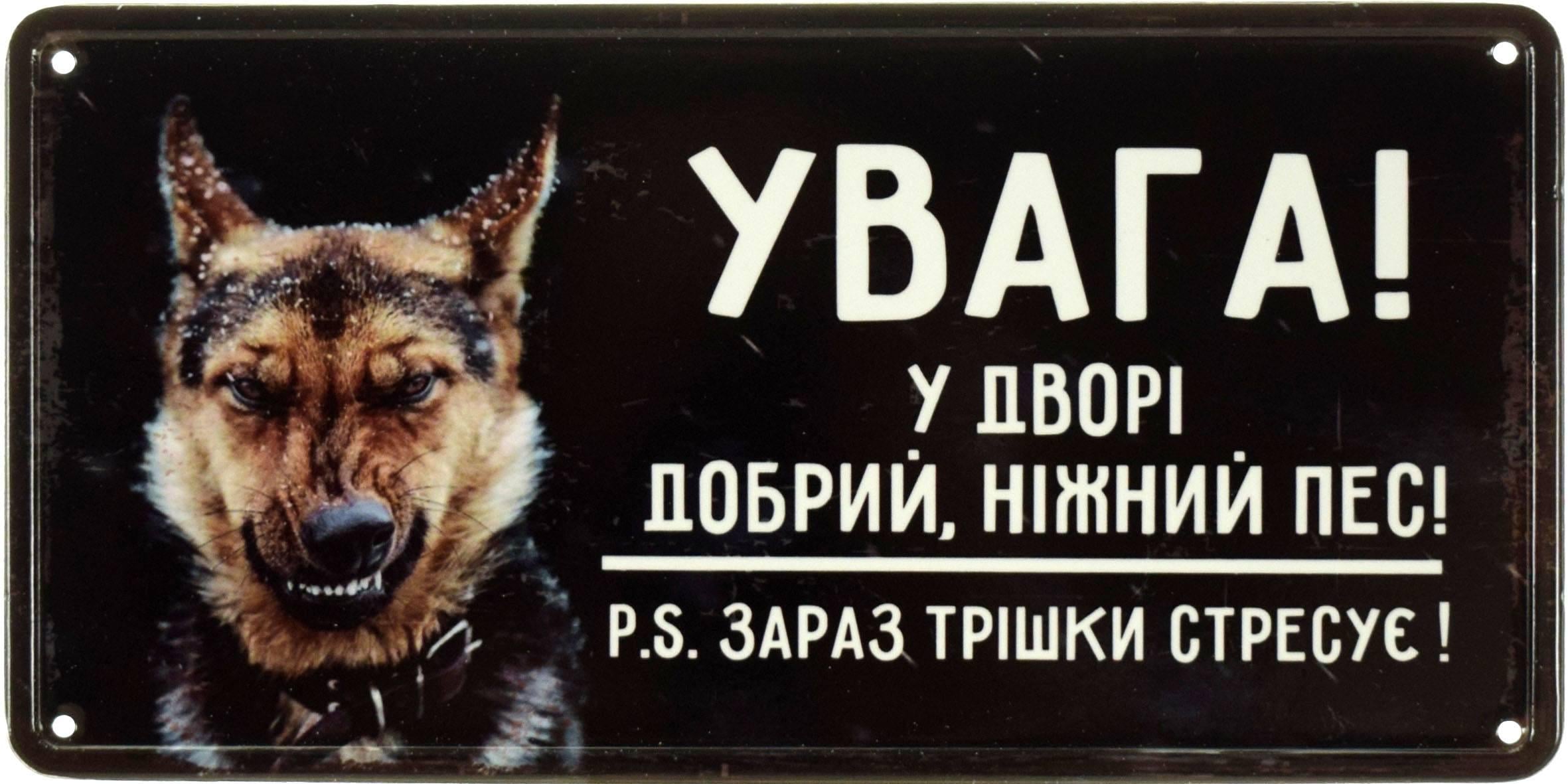 Табличка металлическая "Увага! У Дворі Добрий, Ніжний Пес! PS Зараз Трішки Стресує!" 15x30 см