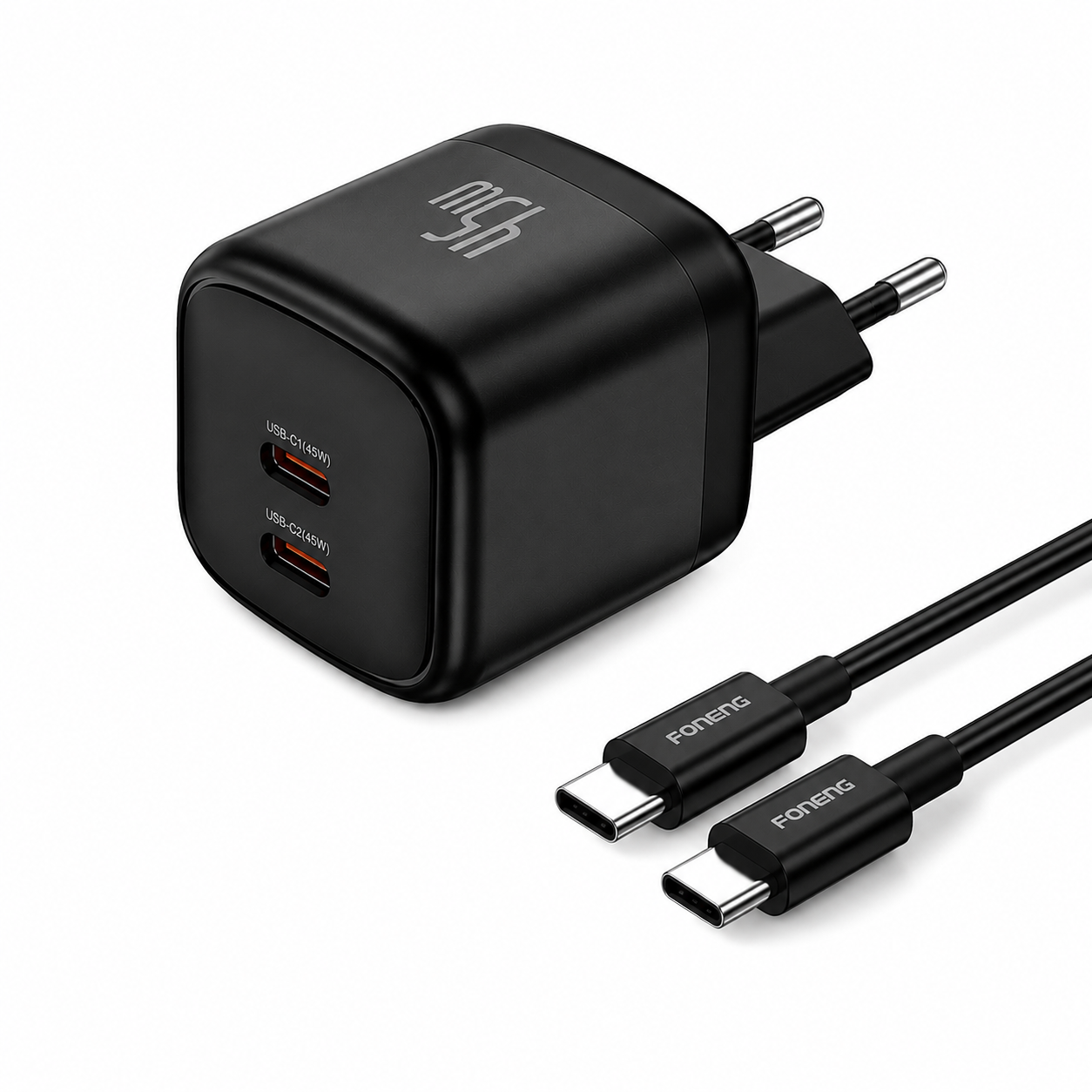Сетевой зарядное устройство Foneng Cube-EU USB-C 2-Port GaN Charger 45W Type-C to Type-C Черный (68429175)