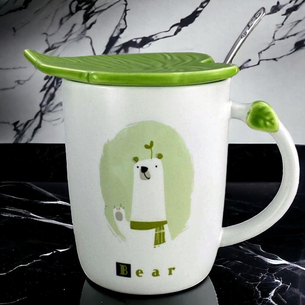 Кружка Зеленый лист/Медведь с крышкой и ложкой 350 мл (21-ведмідь-O8030-57) - фото 2