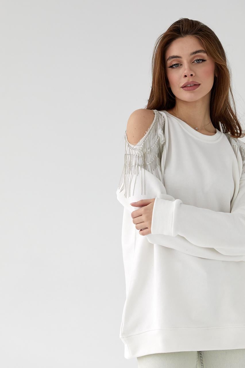 Женская кофта oversize с вырезами на плечах L Молочный