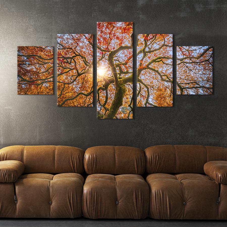 Модульная картина из 5 частей на холсте интерьерная картина Солнце в кроне красного клёна 187x94 см (612-52)