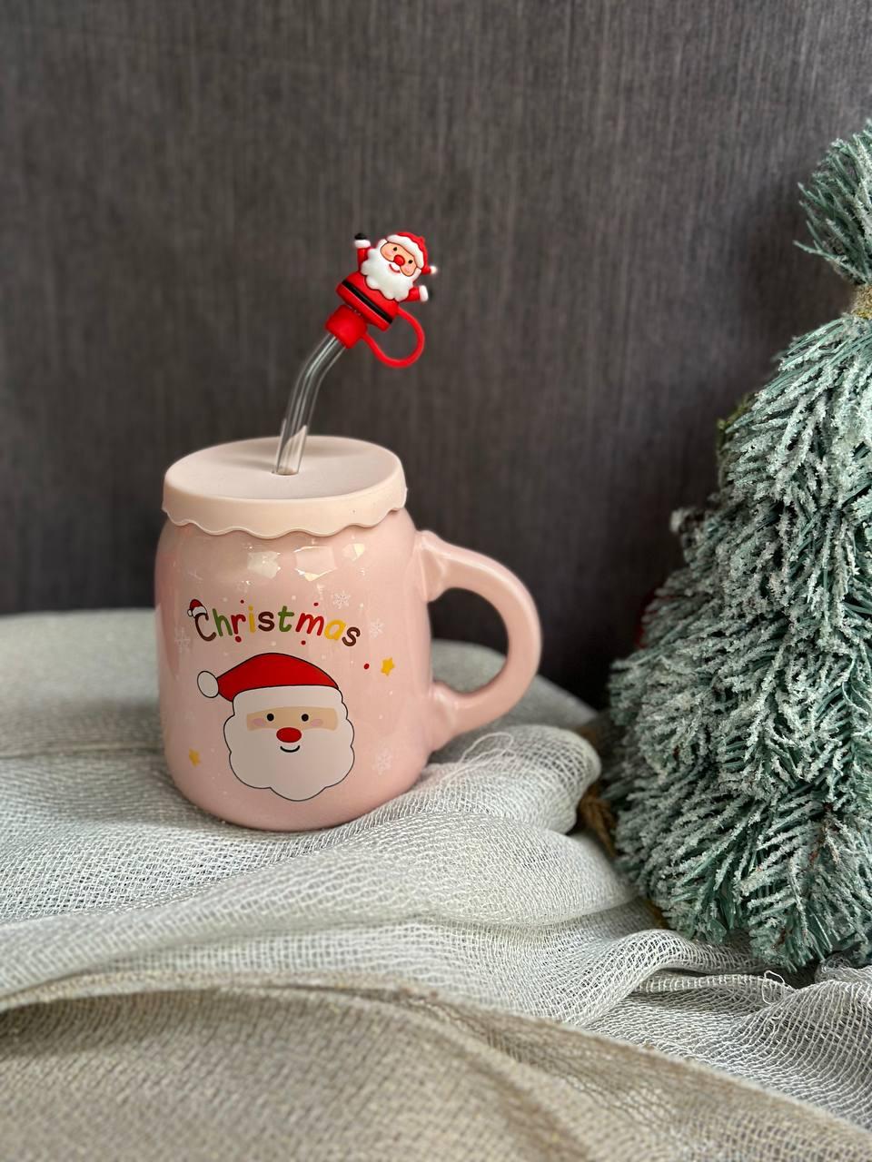 Чашка керамічна Olens 102-1082-3 Санта з кришкою і трубочкою 460 мл Розовий (2786114588) - фото 2