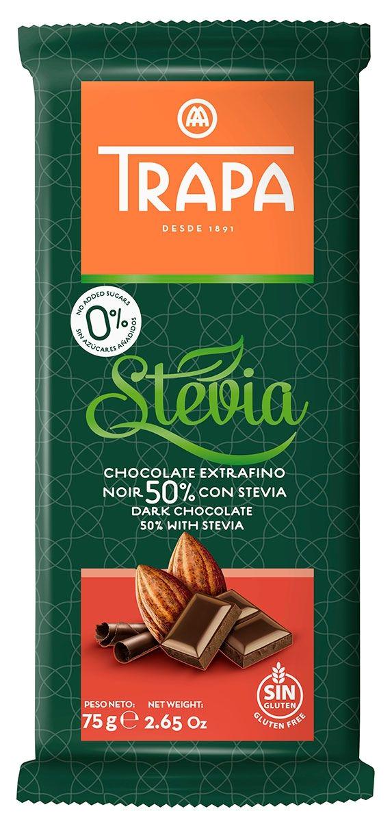 Шоколад без глютену/цукру Trapa Stevia Чорний 50% 75 г (8410679030024)