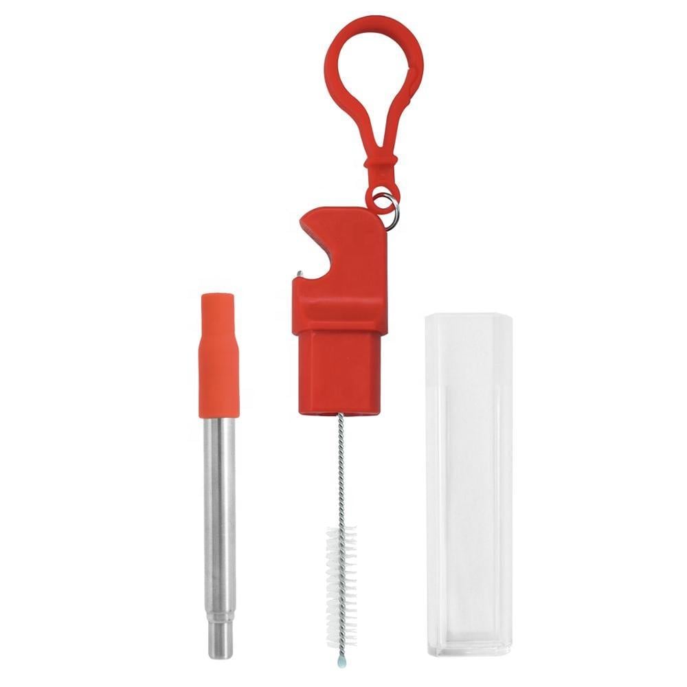 Многоразовая металлическая трубочка SUNROZ Keychain Straw для напитков в футляре с открывалкой 2в1 Красный