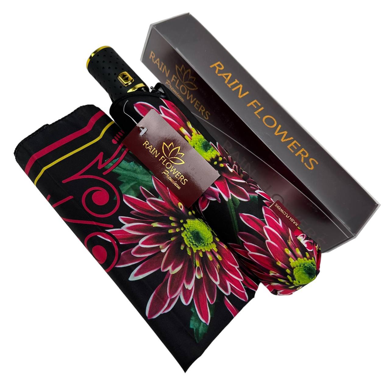 Зонт женский автомат Rain Flower в подарочной упаковке с платком Черный с розовыми цветами (01020-5) - фото 4