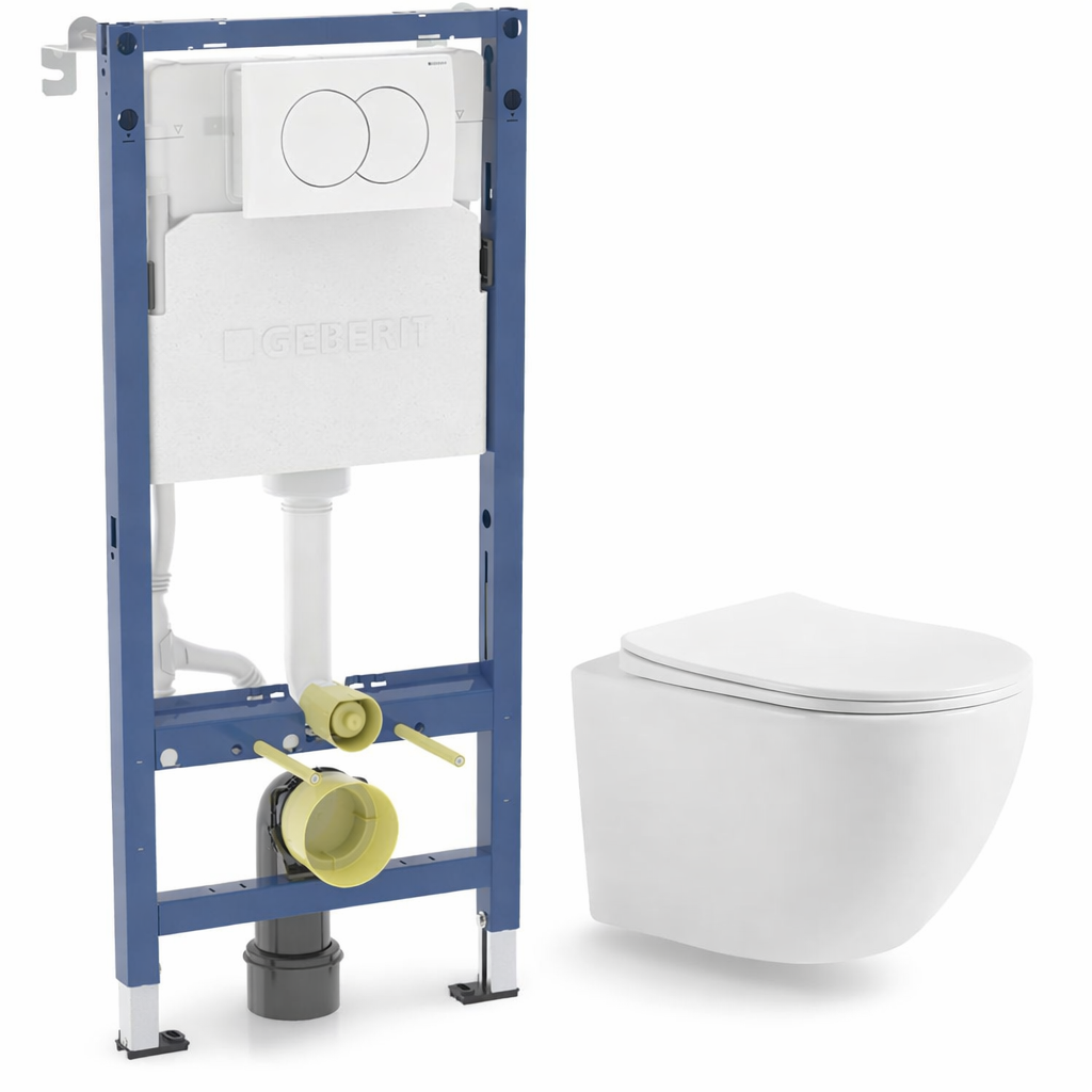 Інсталяція Geberit 5в1 з безободковим унітазом з функцією Tornado/сидінням Slim Duroplast Soft-close/круглою клавішею Білий (GRSW)