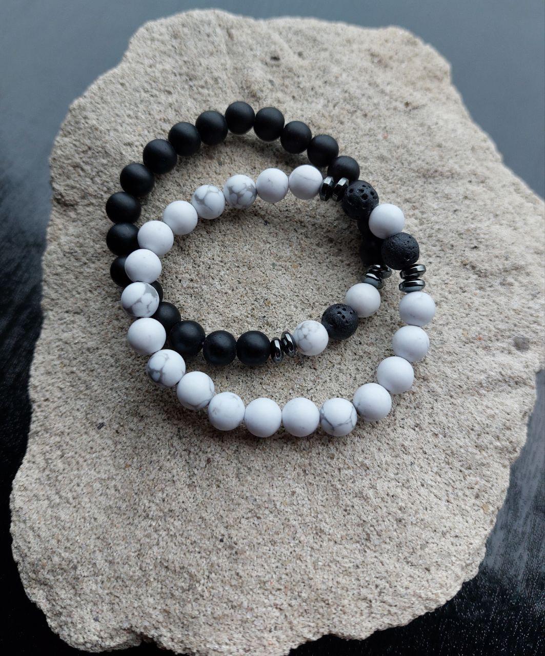 Браслет LITAURS из натуральных камней шунгит/хаулит и металлическими вставками 2 шт. М 15-17 см (250208)