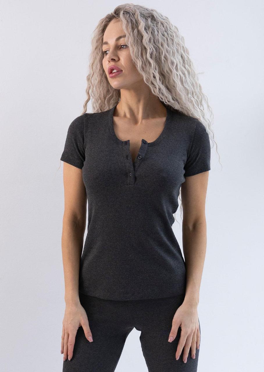 Футболка-хенлі жіноча Leinle з глибоким вирізом і планкою на ґудзиках L Графітовий (1632/43002)
